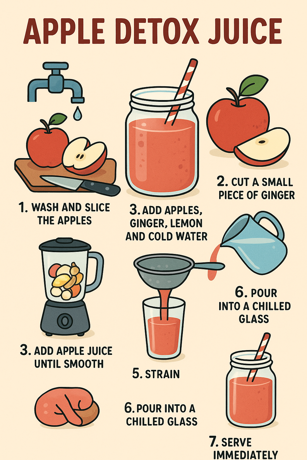 Step by step poster illustration showing how to make apple detox juice using fresh apples, ginger, lemon, and water in a clean flat design style.