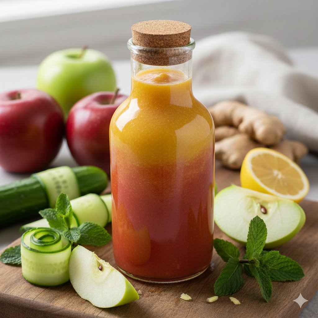 Freshly blended red apple detox juice presentation. Healthy fruit smoothie in a glass bottle surrounded by red apples, focusing on antioxidants and natural sweetness