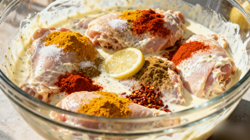 Marinated chicken resting in a bowl to absorb spices before cooking, close-up food preparation shot.