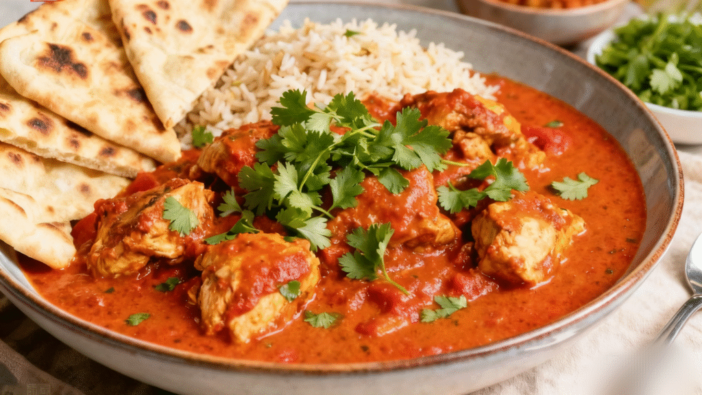Freshly cooked butter chicken garnished with cream and cilantro, served hot.