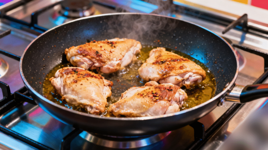 Chicken pieces being lightly cooked in a pan until golden, early stage of butter chicken recipe.
