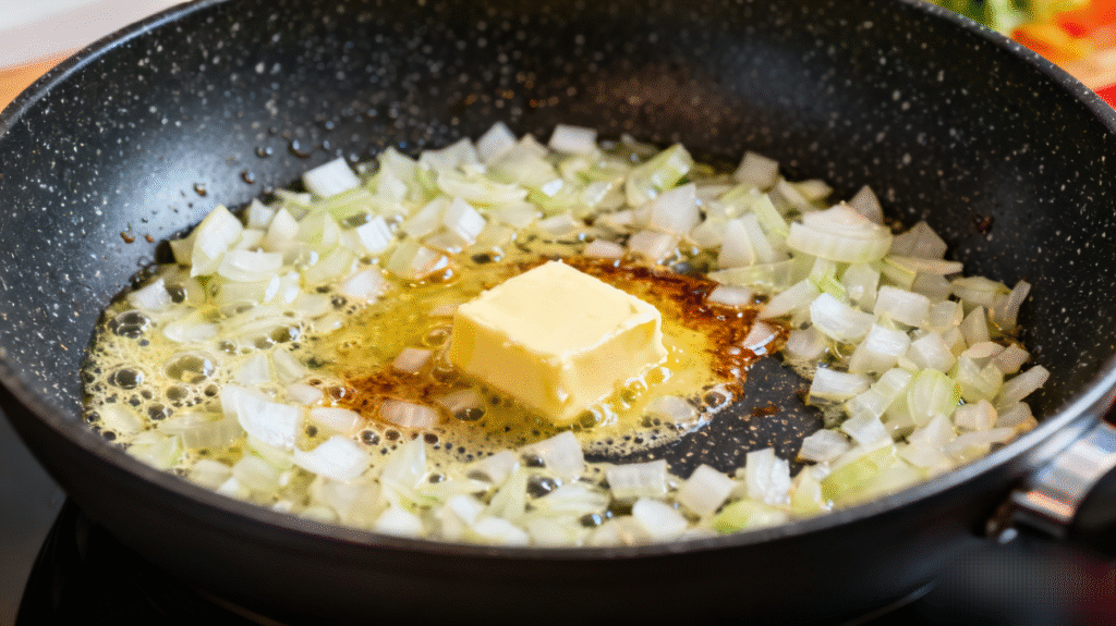 Chopped onions, garlic, and ginger sautéed in butter inside a pan, creating aromatic base for butter chicken sauce.