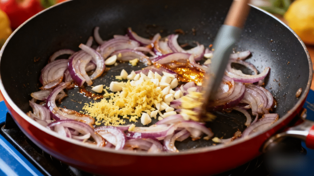 Chopped onions, garlic, and ginger sautéed in butter inside a pan, creating aromatic base for butter chicken sauce.