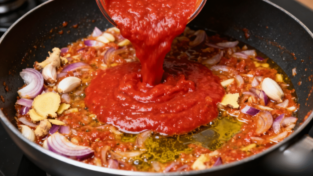 Tomato puree poured into a pan with sautéed spices, forming the base of creamy butter chicken sauce.