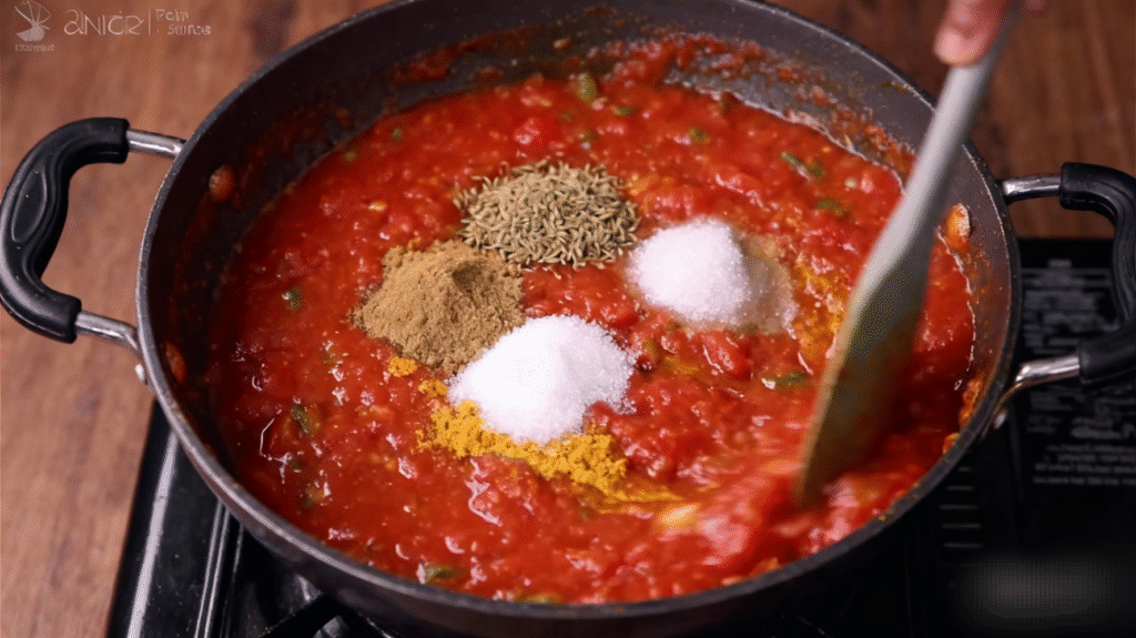 Butter chicken sauce blended until smooth for a rich and creamy texture.