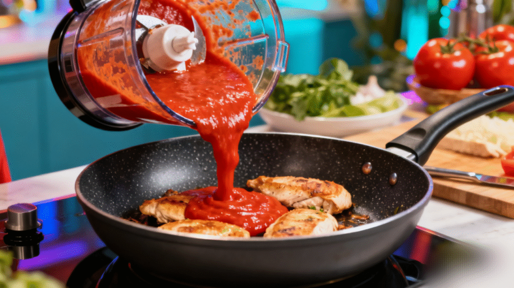 Cooked chicken simmering in smooth tomato butter sauce inside a pan.
