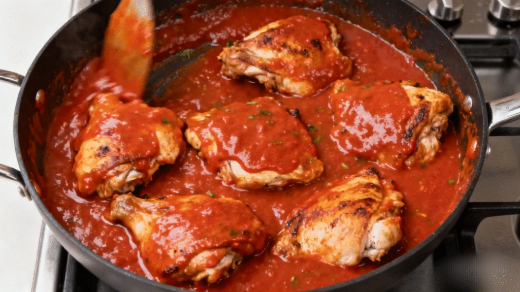 Heavy cream poured into butter chicken sauce, creating a rich and silky consistency.