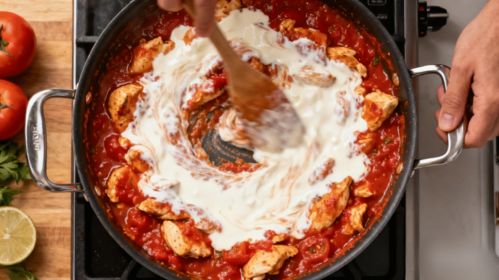 Butter chicken gently simmering in pan, sauce thick and glossy, ready to serve.