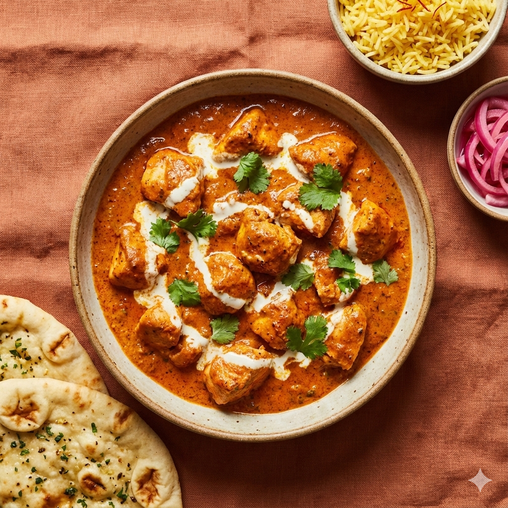 Overhead food photography view of rich Butter Chicken (Murgh Makhani) curry garnished with cream and cilantro in a ceramic bowl, accompanied by garlic naan bread, saffron basmati rice, and pickled red onions on a rustic linen background.