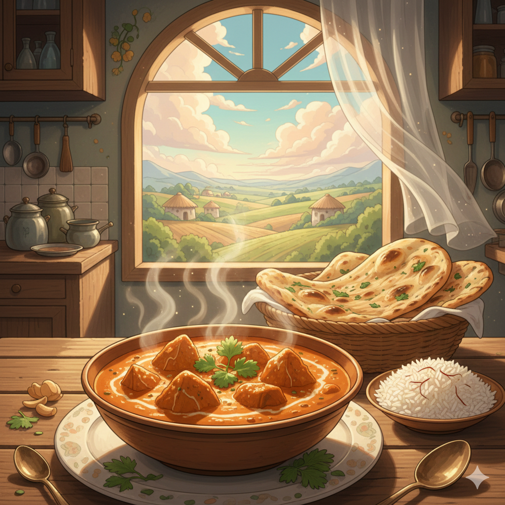Illustration of butter chicken with 1800s Indian scenery, served with nan and some typical Indian spices on the side in a typical anime drawing style.