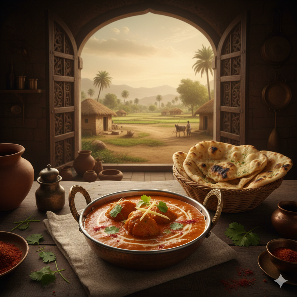 Illustration of butter chicken with an Indian scene from the 1800s, served with nan and some typical Indian spices on the side.