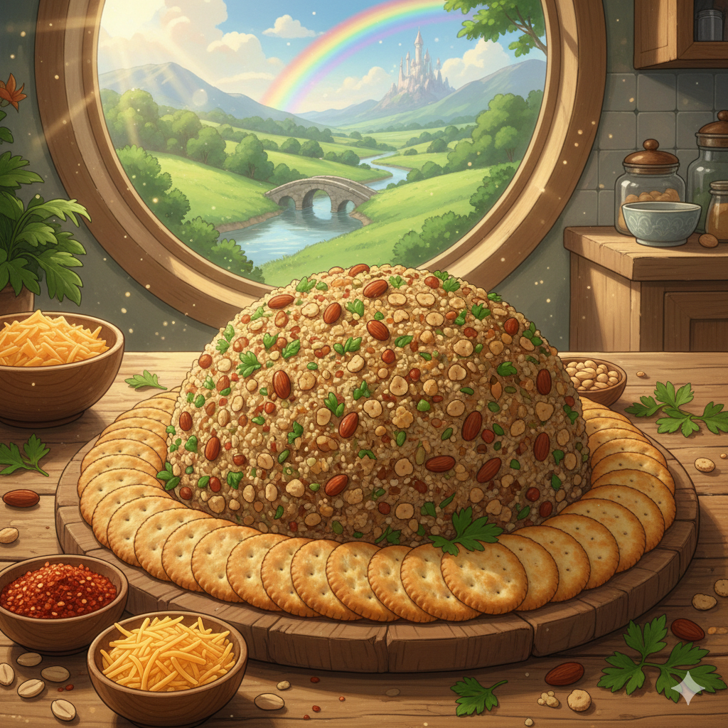 anime style cheese ball snack, vibrant and cozy hand-painted aesthetic, delicious looking party appetizer with golden crackers and herbal garnishes, soft nostalgic lighting.
