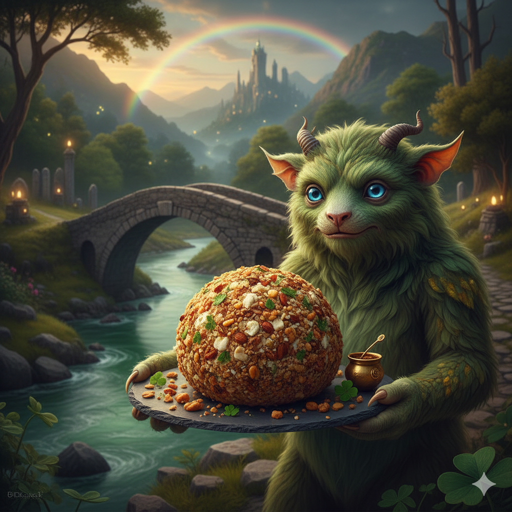 Fantasy illustration of a mythical Irish creature holding a delicious cheese ball appetizer on a stone bridge, whimsical folklore setting with lush greenery and magical atmosphere.