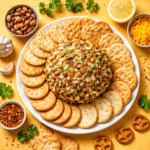 Alt Text: Gourmet homemade cheese ball appetizer coated in crushed nuts and herbs, served on a white platter with crispy round crackers, garlic, and fresh parsley, top-down food photography on a warm yellow background