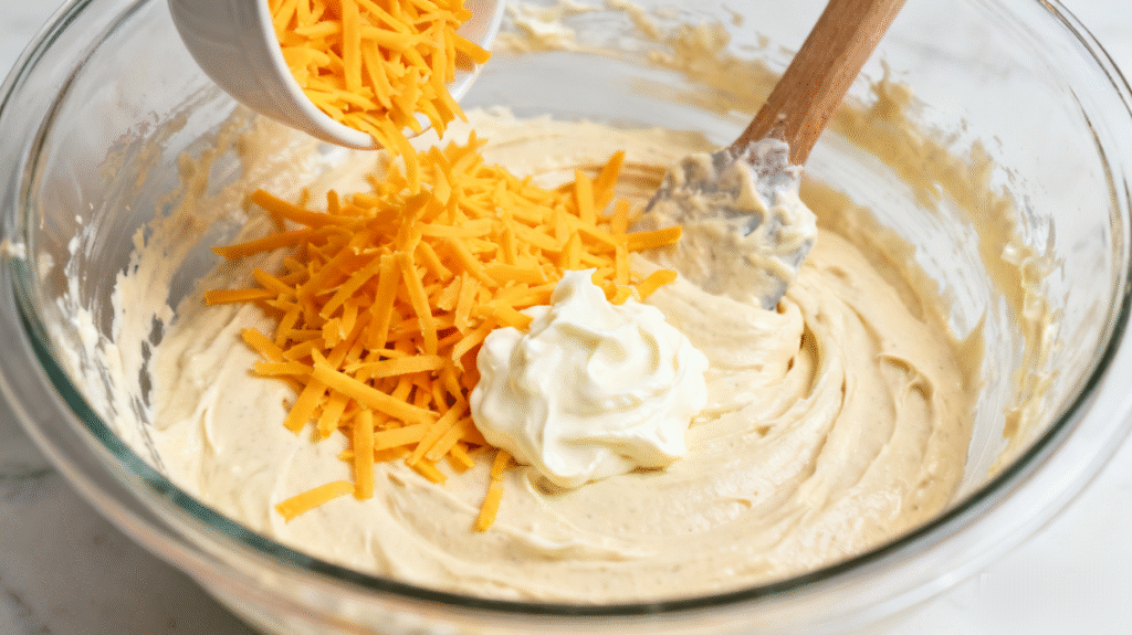 Shredded cheddar cheese and mayonnaise added to cream cheese in a bowl, easy cheese ball ingredients
