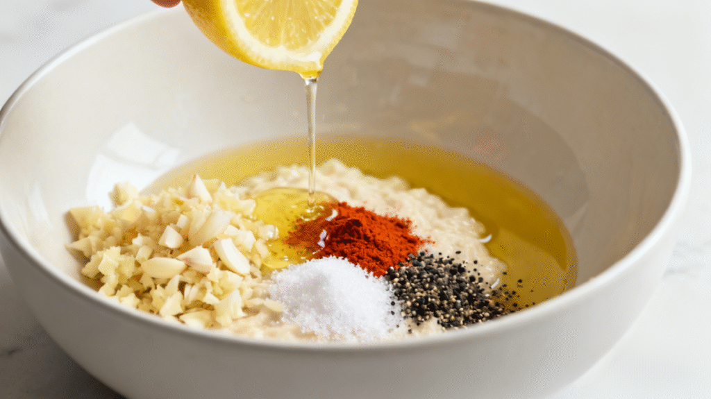 Garlic, paprika, salt, and black pepper being mixed into cheese mixture, seasoning step for cheese ball appetizer