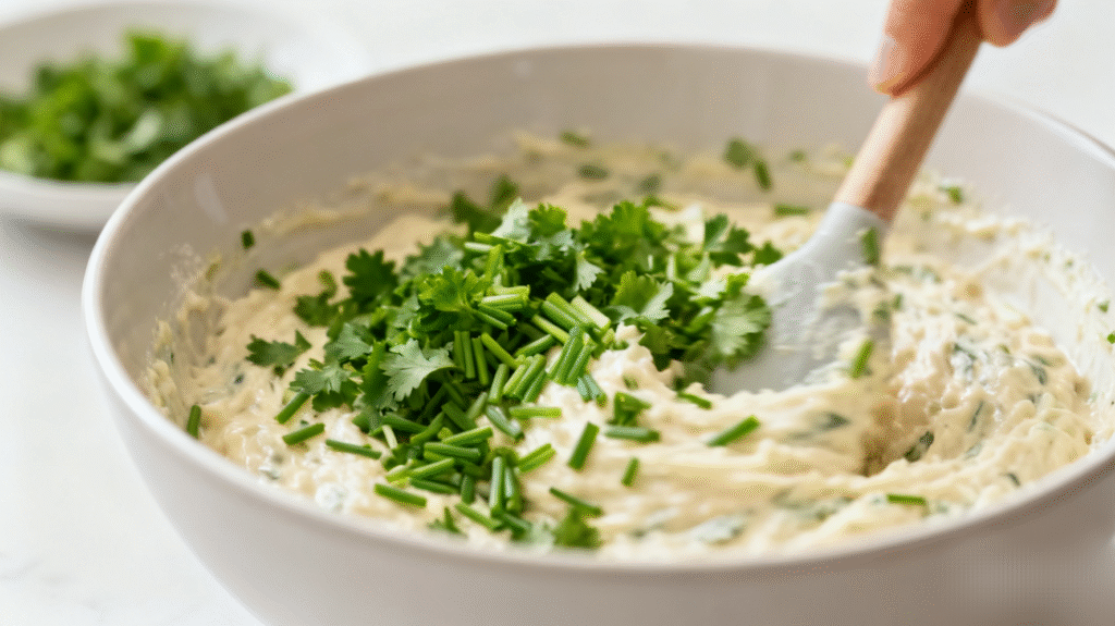 Chopped parsley and herbs folded into creamy cheese mixture, fresh herb cheese ball preparation