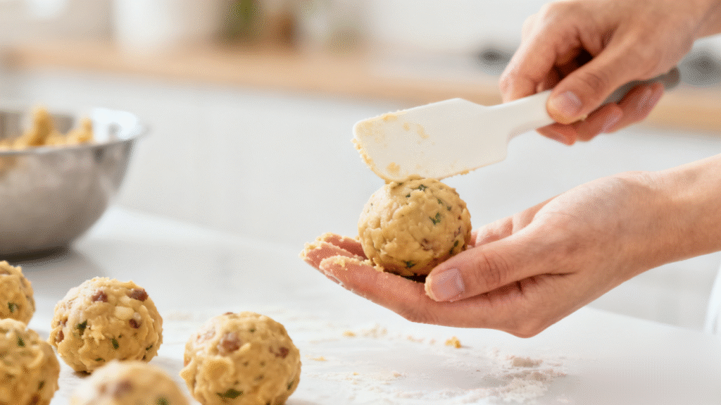 Hands shaping a smooth round cheese ball from creamy mixture, homemade party appetizer process