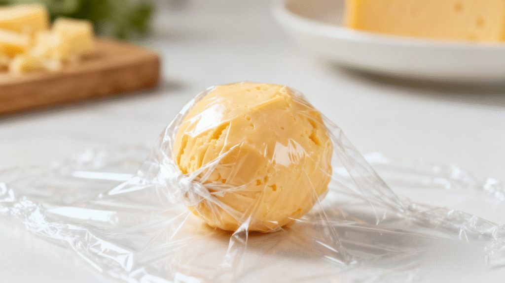 Wrapped cheese ball resting in the refrigerator, chilling step to firm up cheese ball