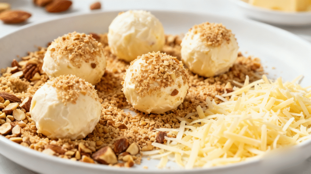 Cheese ball being rolled in chopped nuts and herbs, crunchy coating for classic cheese ball