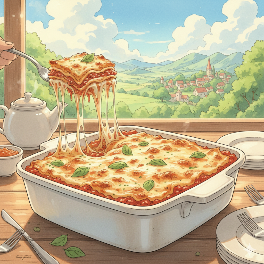 anime art style illustration of a steaming hot cheezy lasagna with appetizing details and vibrant colors