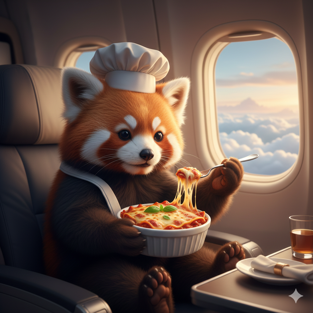 Whimsical illustration of a cute animal character holding a tray of delicious cheezy lasagna inside an airplane cabin, travel food concept