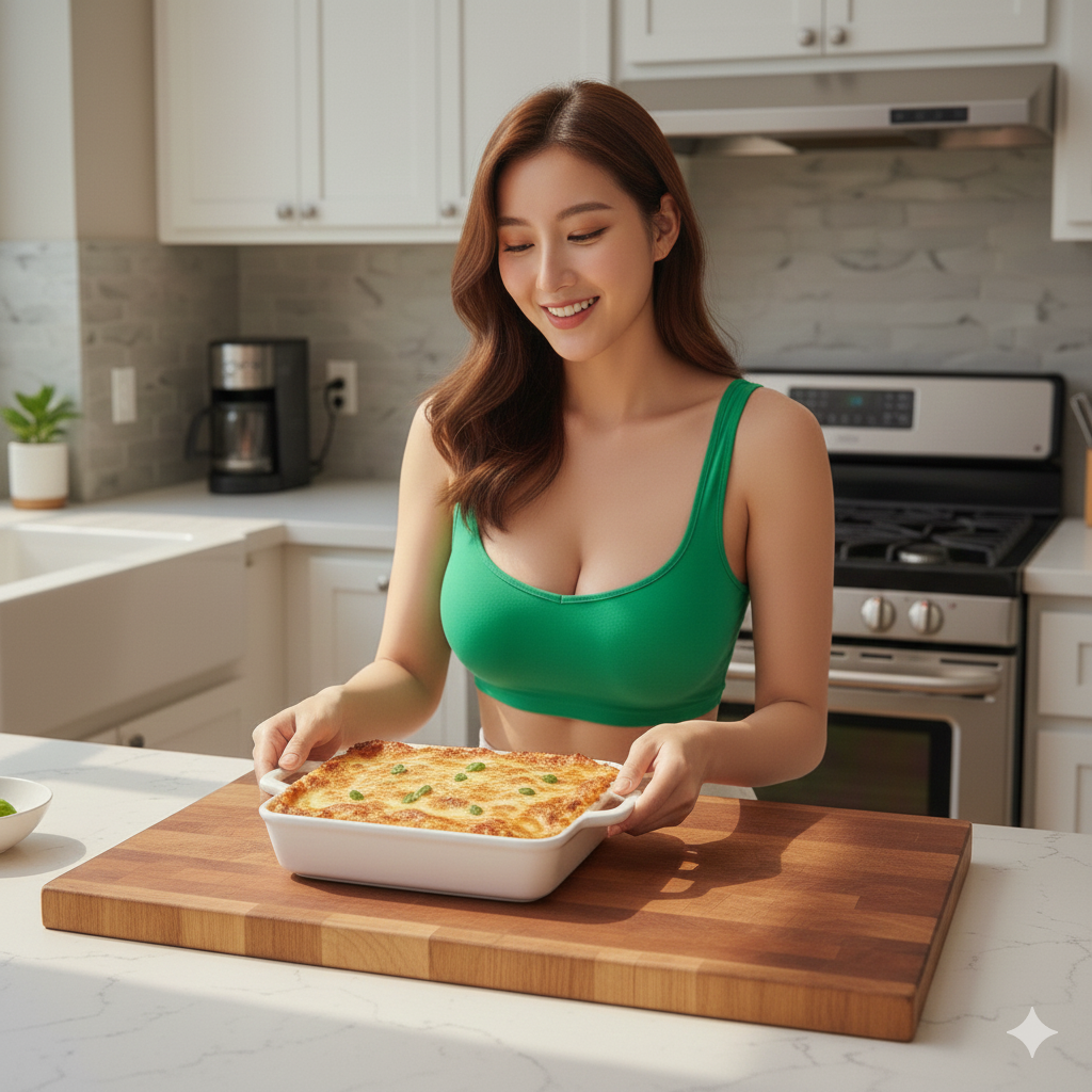 Young housewife serving a freshly baked pan of hot cheesy lasagna in a modern kitchen setting, family dinner concept