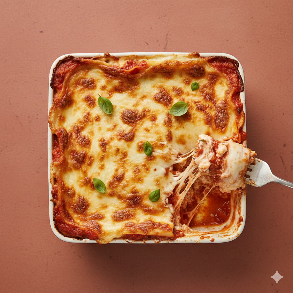 Mouth-watering cheezy lasagna top view flat lay with golden brown melted mozzarella cheese on a solid minimal background for food photography.
