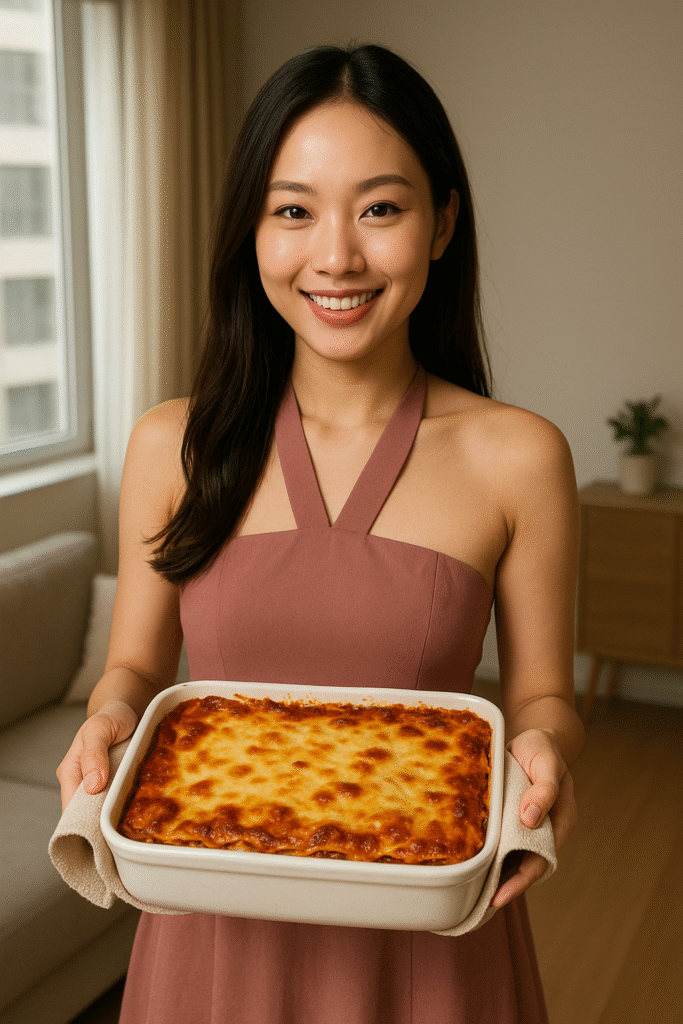 Classic homemade lasagna loaded with melted cheese, served by a smiling Asian woman in an elegant dress inside a modern apartment, warm indoor lighting, comfort food presentation