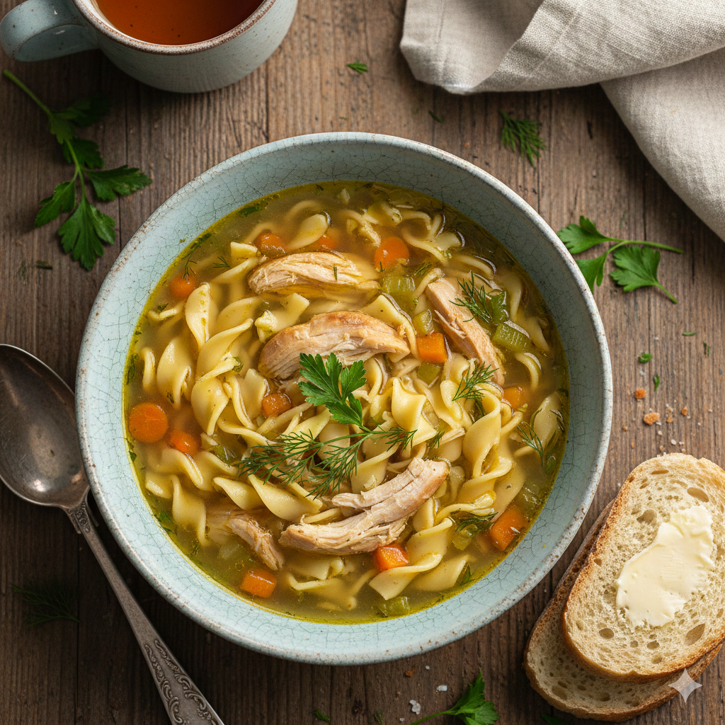Delicious classic chicken noodle soup flat lay photography. High-quality top-down view of a savory broth bowl filled with noodles, vegetables, and tender chicken, perfect for comfort food recipes and culinary blogs