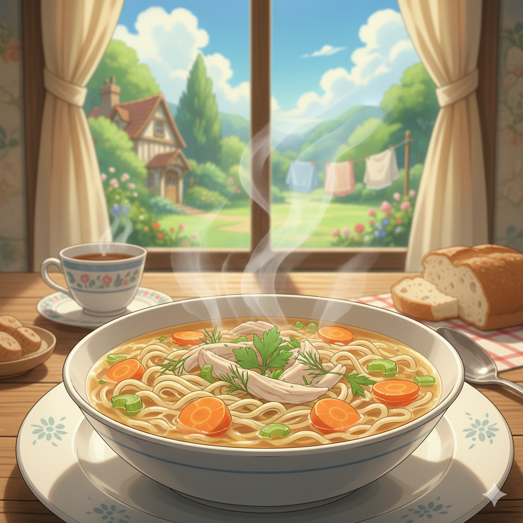 anime food illustration of chicken noodle soup. Aesthetic and warm animated food art with rich broth and detailed noodles, capturing a cozy and nostalgic atmosphere