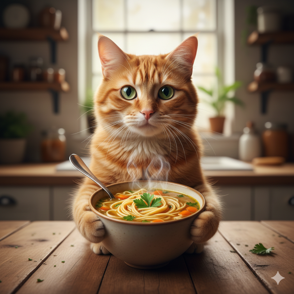 Adorable small animal holding a warm bowl of chicken noodle soup in a kitchen setting. Cute and funny pet photography concept featuring appetizing food, perfect for viral content and heartwarming themes