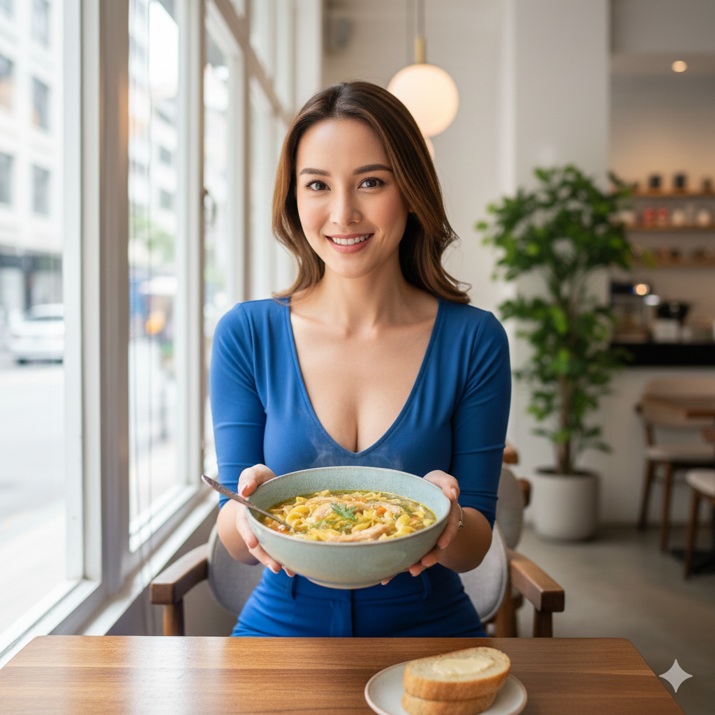 Beautiful Asian woman in a fashionable blue outfit serving chicken noodle soup at a modern cafe. Lifestyle photography of a stylish model enjoying a warm meal, highlighting a trendy dining experience and casual fashion