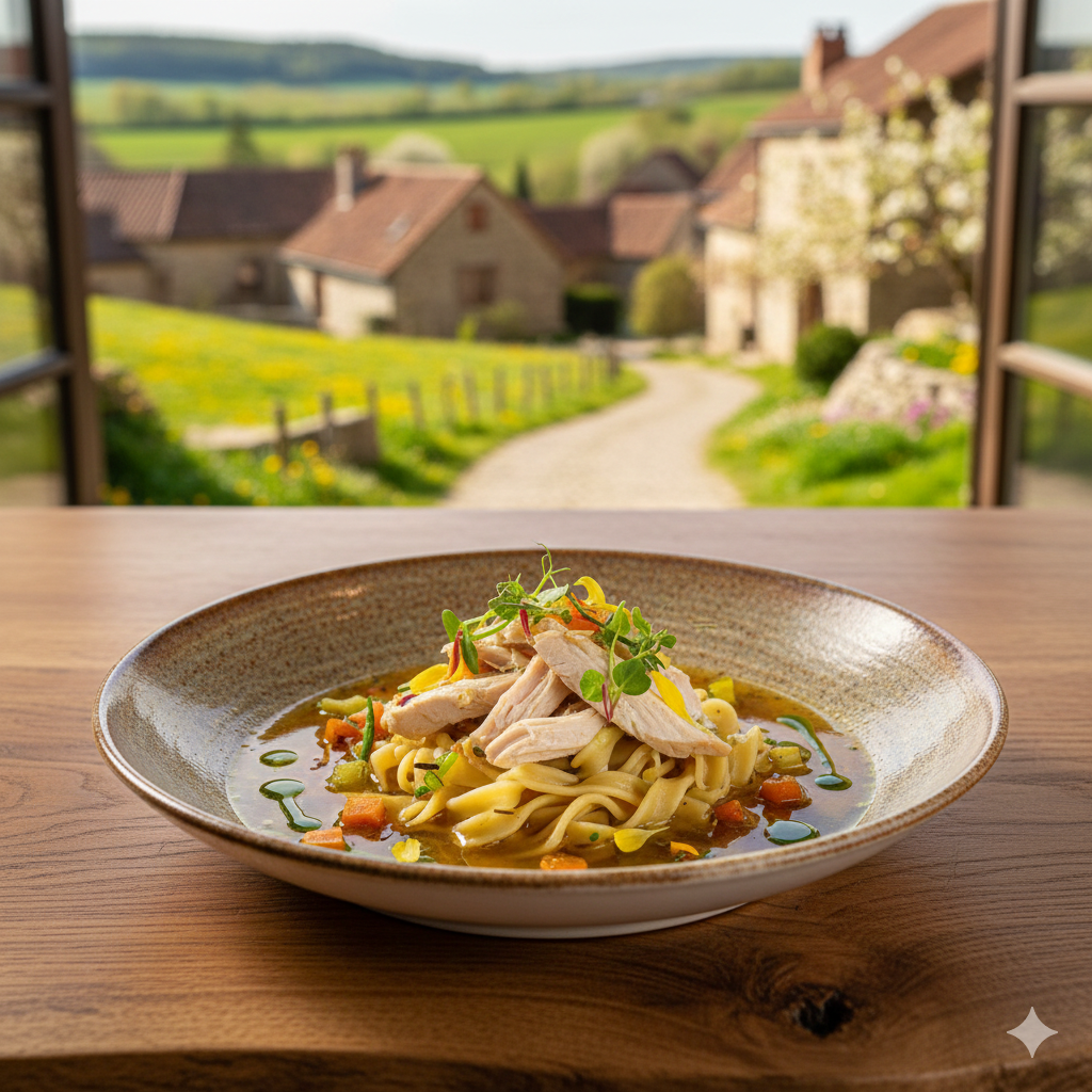 Gourmet chicken noodle soup presentation with a refreshing rustic village background. High-end chef-style plating set against a scenic nature view, illustrating fresh ingredients and premium culinary experiences