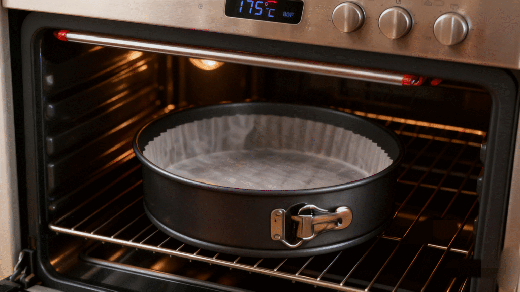 Preheated oven with baking tray inside, ready for homemade chocolate cake baking preparation