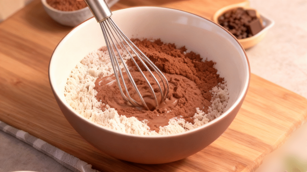 Dry baking ingredients being mixed together in a bowl for homemade chocolate cake batter preparation
