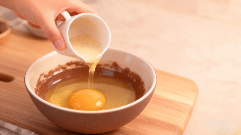 Eggs and liquid ingredients being added into chocolate cake batter mixture in a baking bowl