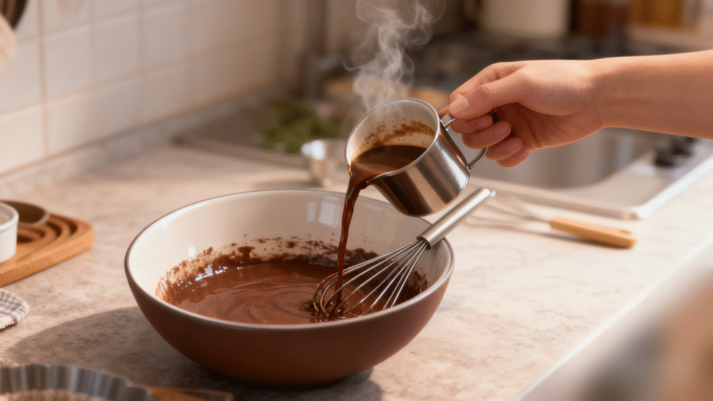 Hot coffee being poured into smooth chocolate cake batter mixture for rich homemade dessert preparation