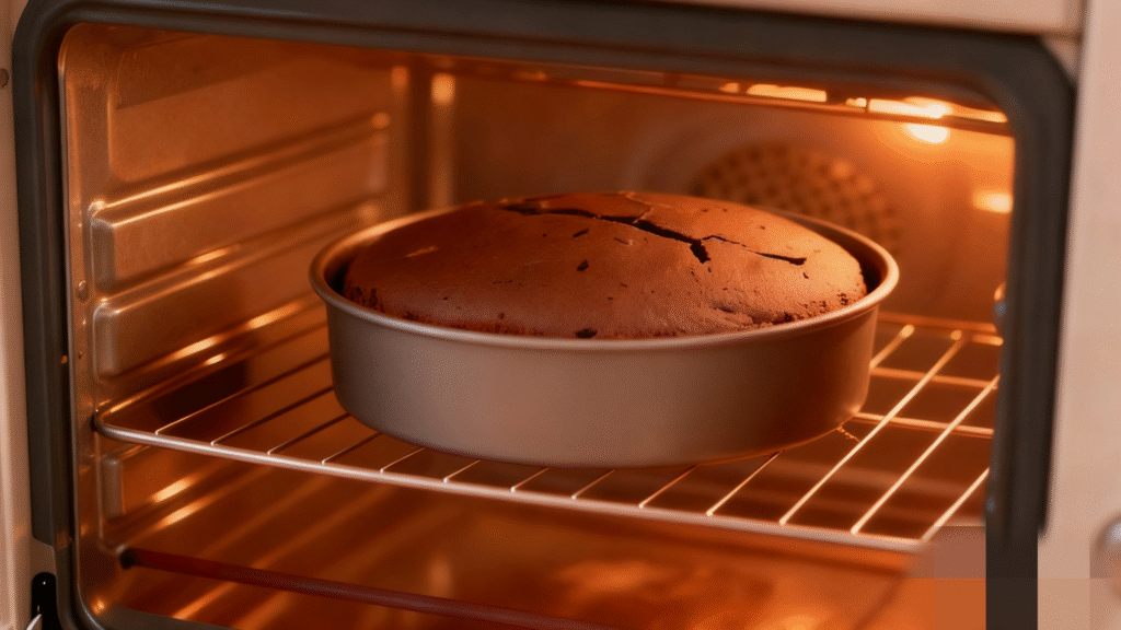 Chocolate cake batter baking inside a hot oven during homemade dessert preparation