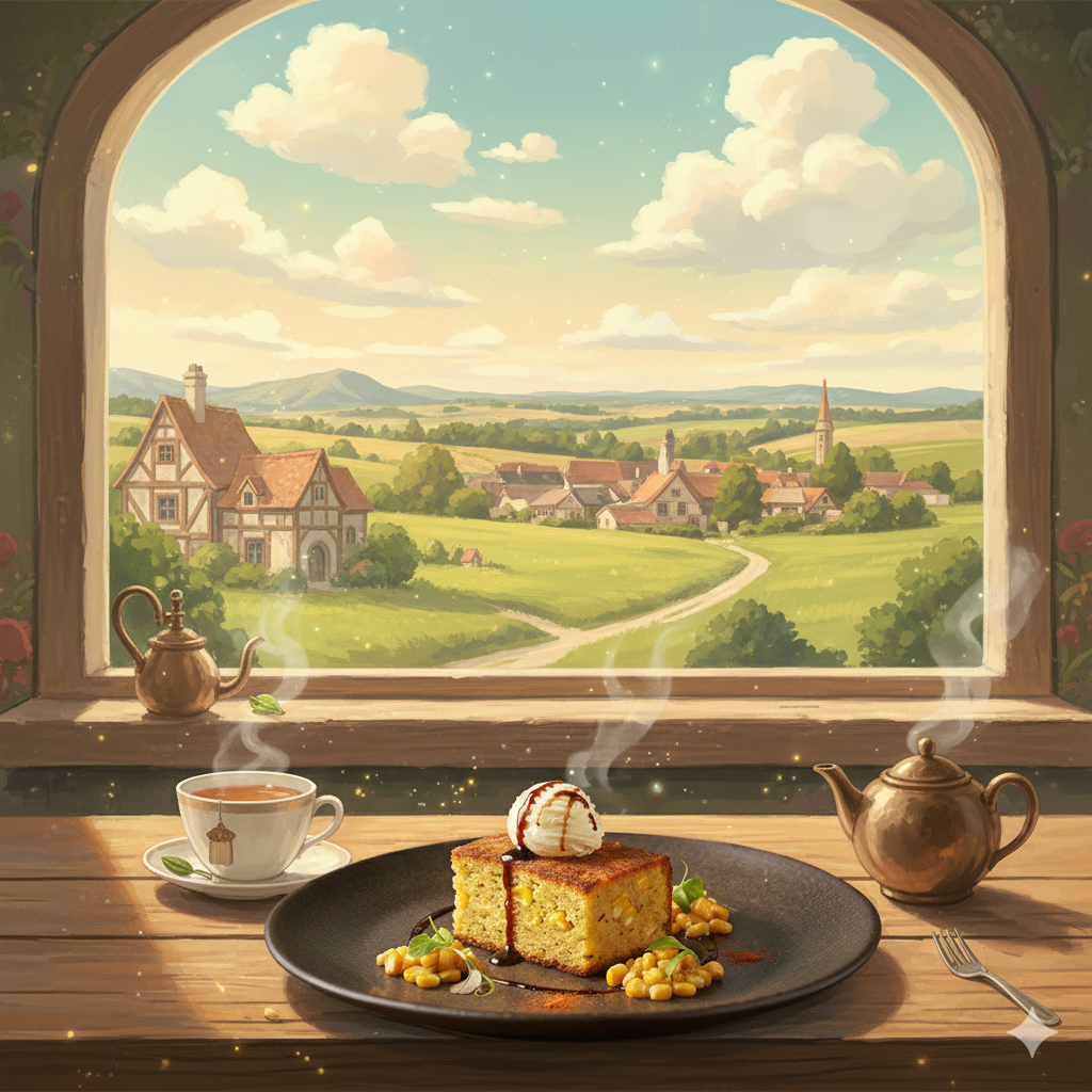 Delicious anime style cornbread with melting butter and steam, vibrant colors and hand-drawn aesthetic.