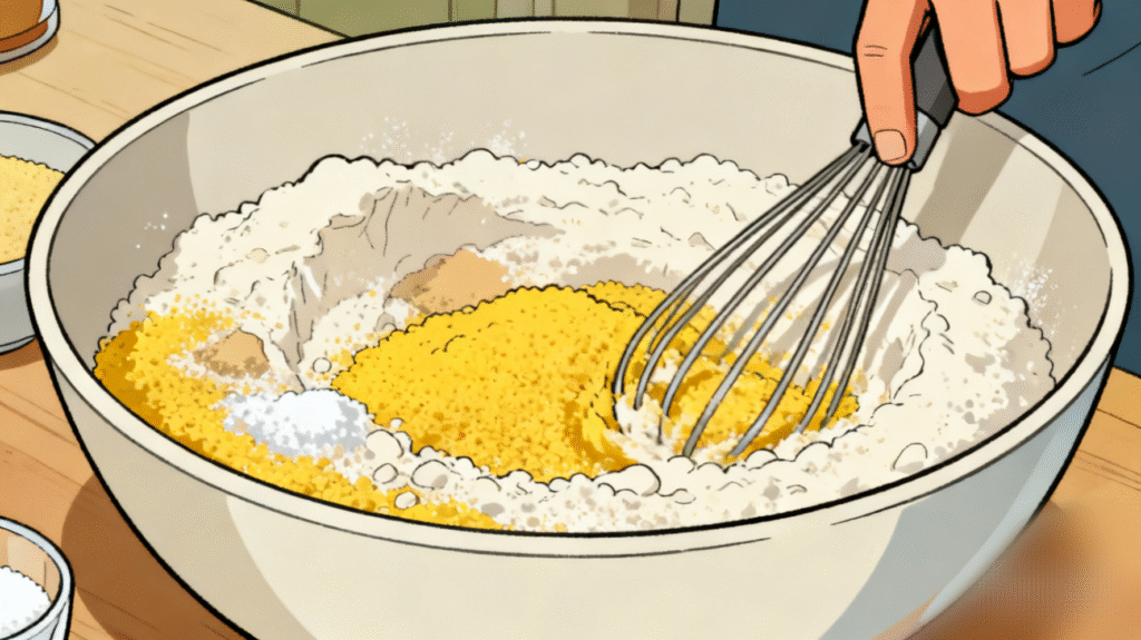 Mixing cornmeal, flour, sugar, baking powder, and salt in a bowl for homemade cornbread recipe