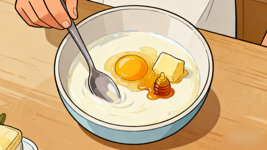 Whisking eggs, milk, melted butter, and honey in a bowl for soft cornbread batter