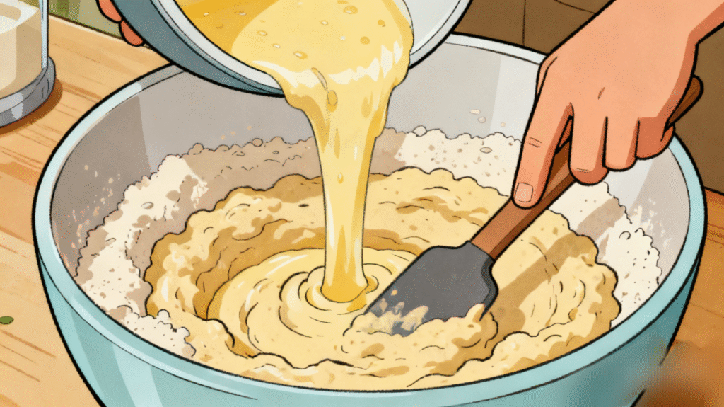 Combining wet and dry ingredients to form smooth cornbread batter with creamy texture