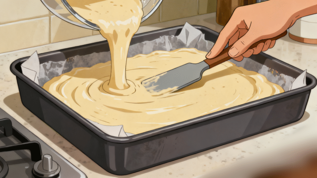 Pouring cornbread batter into a greased baking pan before baking in the oven