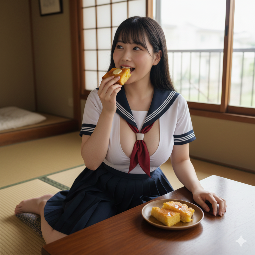 An aesthetic Japanese schoolgirl character enjoying a slice of golden cornbread in a traditional wooden interior room.
