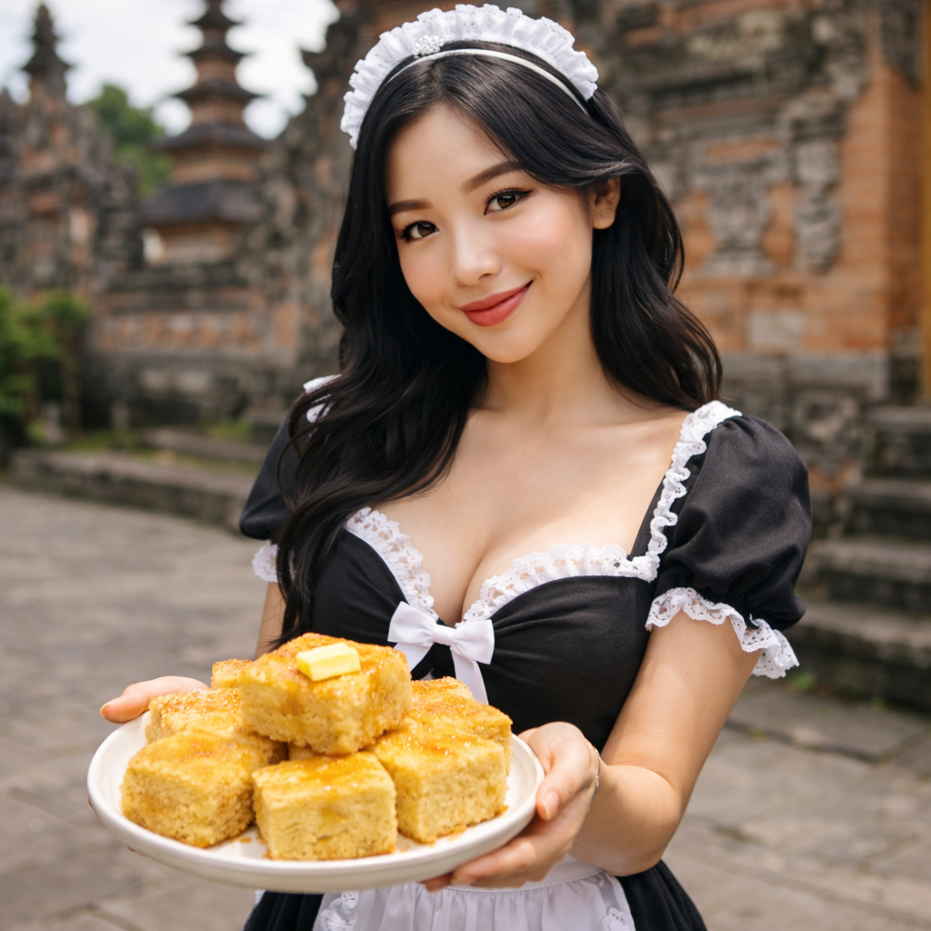 Freshly baked cornbread served on a white plate, golden and fluffy texture, traditional temple background, food presentation photography