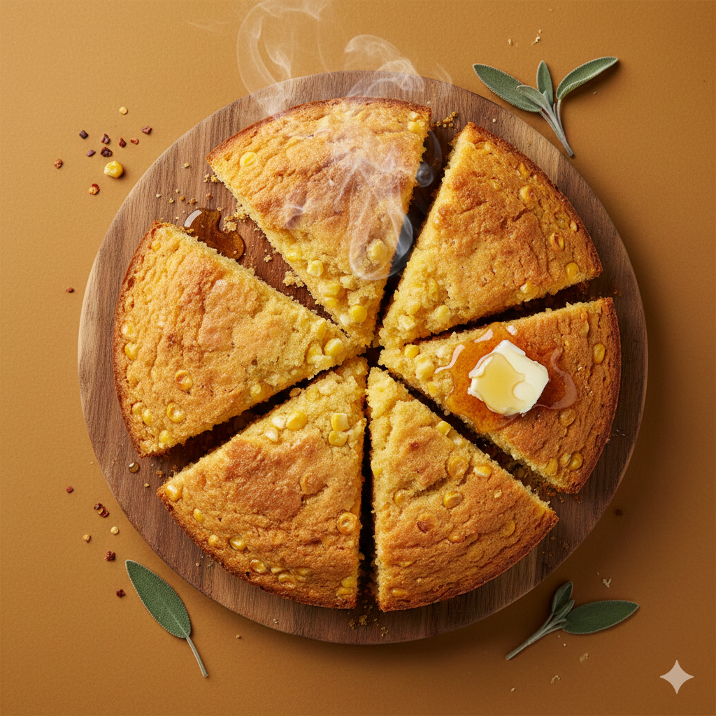 Top-down view of a freshly baked homemade cornbread sliced on a wooden board with honey and melted butter.