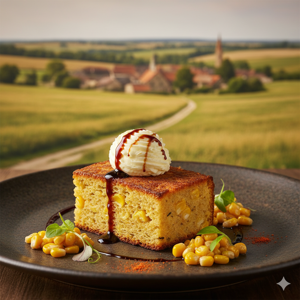 Gourmet chef-style cornbread served on a vintage table with a scenic 19th-century European countryside landscape background