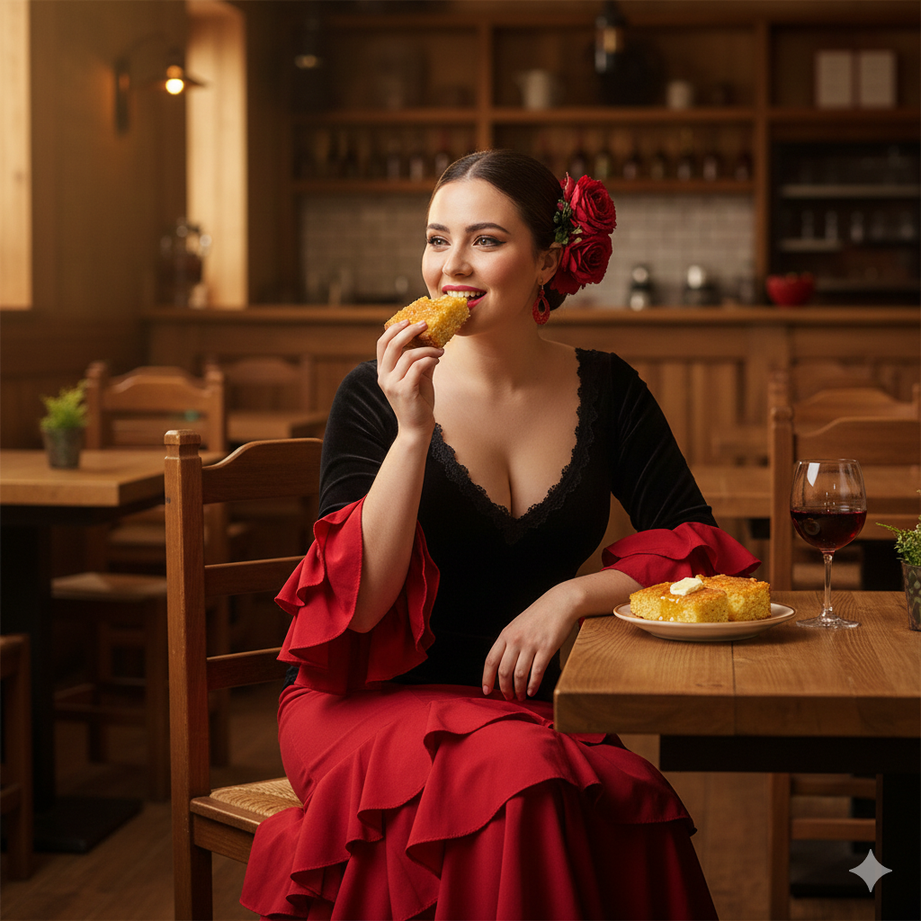A beautiful Spanish woman in a vibrant traditional dance costume eating warm cornbread at a rustic wooden restaurant