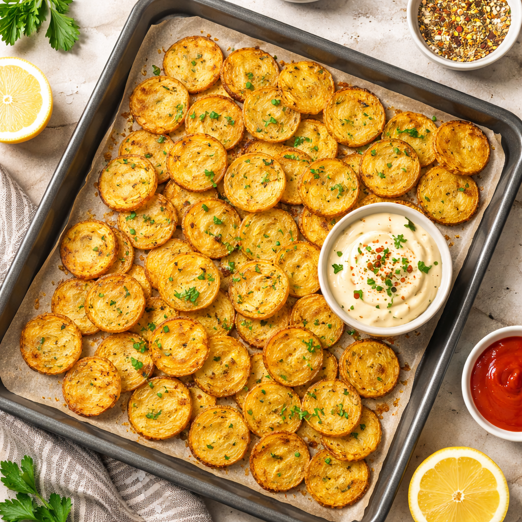 Top down view of air fryer low calorie crispy potato rounds served golden and crunchy on a baking tray with dipping sauce, healthy homemade snack